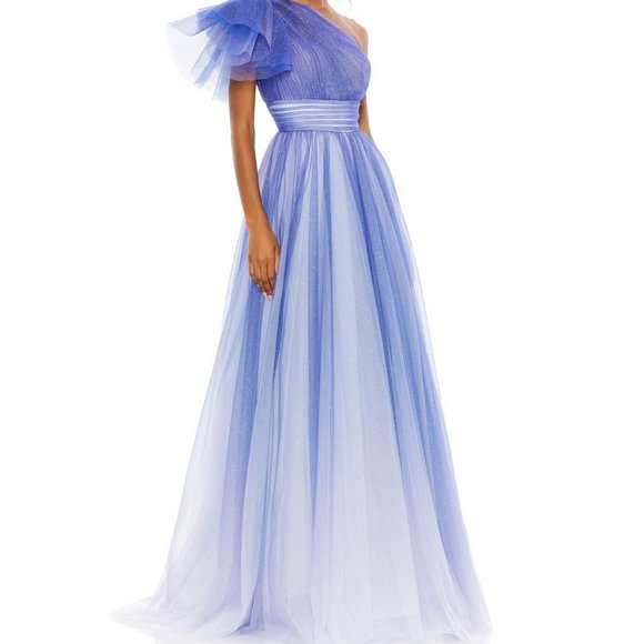 NWT MAC DUGGAL GLITTER ROYAL PURPLE OMBRE RUFFLED ONE SHOULDER‎ BALLGOWN Sz 14 - Picture 1 of 7
